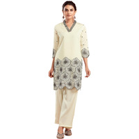 Selvia Co-Ords Set For Women|Silk Blend Kurti And Trouser Set|Ethnic Co-Ords Set For Women|Embroidery Two Piece Co-Ord Set(743Ctk8024N-Xxl_Creme)