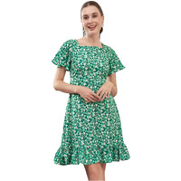 Selvia Western Dress For Women | Floral Printed Crepe Western Dress For Women | Fit & Flare Dress For Women | One Piece Dress For Women (693Dtk7835N-Xs_Dark Green & White)