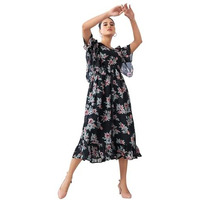 Selvia Western Dress For Women|Georgette Dress For Women|Fit & Flare Dress|Floral Printed Dress For Women|One Piece Dress For Women (669Dtk7792N-M_Black & Grey & Pink)
