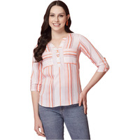 Selvia Women's Cotton Blend Printed 3/4 Sleeve Regular Fit Striped Printed Top (613Tk7691N-Xs_White & Orange)