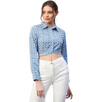 Rare Women Casual Blue Colour Shirt Collar Abstract Regular Top