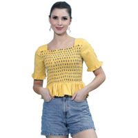 Selvia Women's Pigment & Smocking Half Sleeve Poly Rayon Square Neck Crop Top(362Tk7052N-M_Yellow)