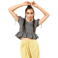 Rare Women Casual Black Check Colour Sweetheart Neck Checked Peplum Top