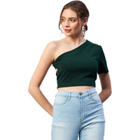 Rare Women Casual Green Colour One Shoulder Solid Fitted Top