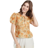 Selvia Women's Cotton Slub Floral Printed Puff Sleeve Regular Fit Casual Top (739Tk11773N-S_Cream & Multi)