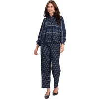 Selvia Co-Ords Set For Women | Rayon Blend Top & Trouser Co-Ords Set | Ethnic Co-Ords Set For Women | Printed Two Piece Co-Ord Set Co-Ords Set(671Ctk7801N-Xs_Dark Blue & White)