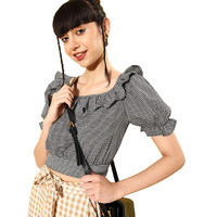 Rare Women Casual Black Colour Boat Neck Checked Regular Top