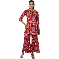 Shasmi Soft Maslin Silk V Neck Co-Ords Set For Women's | Printed Shirt & Bottom Set For Women | Suit Set | Two Piece Dress (Co-Ods 84 Maroon M)