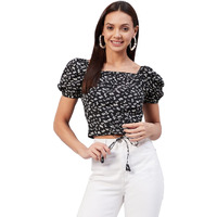 Rare Women Casual Black Colour Square Neck Floral Fitted Top