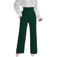 Shasmi Women's Dark Green Solid Color High Waisted Belted Toothpick Stripe Design Straight Loose Casual Women Pants, Minimalist Stylish Design, Suitable For Summer Vacation (Pant 185 Dark Green-Xl)