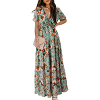 Shasmi Women's Casual Green Floral Printed Ruched V Neck Short Flutter Sleeve Lapel Tie Waist Split Long One Pic Western Party Dress For Women (Gown Dress 251 Green 2Xl)