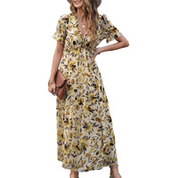 Shasmi Women's Casual Yellow Floral Printed Ruched V Neck Short Flutter Sleeve Lapel Tie Waist Split Long One Pic Western Party Dress For Women (Gown Dress 251 Yellow M)