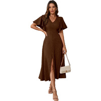 Shasmi Girl's & Women's Brown Pleated Midi Dress With Flutter Sleeves | V-Neck Western Dress For Women | Elegant A-Line Summer Outfit | Office & Casual Wear (Dress 244 Brown-Xl)
