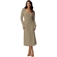Shasmi Womens Kiwi Square Neck A-Line Dress  Long Sleeve, Tie Waist, Knitted Stretchable, Casual & Office Outfit, Solid Winter Midi Dress For Women (Dress 221 Kiwi-Xl)