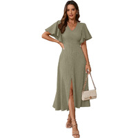 Shasmi Girl's & Women's Pista Pleated Midi Dress With Flutter Sleeves | V-Neck Western Dress For Women | Elegant A-Line Summer Outfit | Office & Casual Wear (Dress 244 Pista-L)