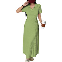 Shasmi Womens Green Solid Color Applique Lace-Up Collared Short Sleeve, Side-Tie Waist Long Casual Maxi Women Dress Outfit Long Evening Midi Western Party Dress For Women (Dress 211 Pista Green-L)