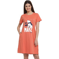 Sweet Dreams Women Coral Graphic Round Neck Half Sleeve Cotton Short Nighty-Coral-S