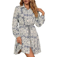 Shasmi Girl's & Women's Black Printed Belted Shirt Dress  Long Sleeve Vacation Outfit | Boho Beach Style | Stylish Casual & Party & Office Wear Outfit (Dress 230 Black-M)