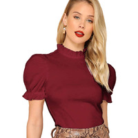 Shasmi Women's Maroon Pleated High Neck Short Puff Sleeve Ruched Bust Solid Tops For Women/Tops For Girls (Shree Top 22 Maroon L)