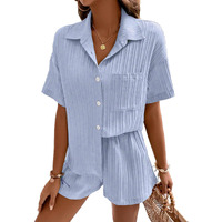 Shasmi Women & Girls Sky Blue Solid Color Button Front Vacation Solid Texture Short Sleeve Loose Fit Drop Shoulder Pocket Shirt And Shorts Casual Two-Piece Set (Co Ods 143 Sky Blue-2Xl)