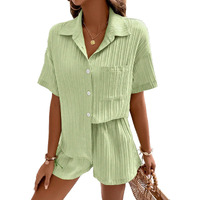 Shasmi Women & Girls Pista Solid Color Button Front Vacation Solid Texture Short Sleeve Loose Fit Drop Shoulder Pocket Shirt And Shorts Casual Two-Piece Set (Co Ods 143 Pista-M)