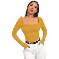 Shasmi Women's & Girls' Mustard Full Sleeve, Sweat Hear Neck, Frill Trim Ruched Crop Top For Women, Tops, T-Shirts For Girls (Top 71 Mustard S)