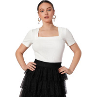 Shasmi Women's & Girl's Solid Knitted Square Neck T-Shirts Short Puff Sleeve Tops (Top 52 White S)