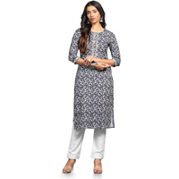 Tadkee Women Cotton Blend Printed Kurta With Pant (Nx-Kurti-Pant-Round-111-Grey-M)