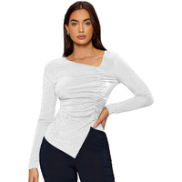 Shasmi Women's & Girl's White Long Sleeve Asymmetrical Neck Solid Color Ruched Front Asymmetrical Hem Tee Workwear Fancy Top, T-Shirt For Women (Top 132 White-L)