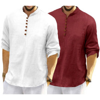 Royalscout Men's Cotton Polyester Blend Solid Regular Fit Full Sleeve Short Kurta | Ethnic, Lightweight Summer Kurta For Daily & Occasion Use White-Maroon