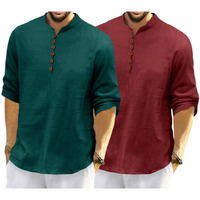 Royalscout Men's Cotton Polyester Blend Solid Regular Fit Full Sleeve Short Kurta | Ethnic, Lightweight Summer Kurta For Daily & Occasion Use Green-Maroon