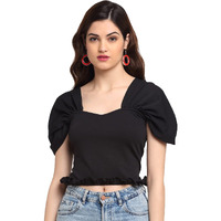 Shasmi Black Women's Ruched Bust Solid Crop Top (Shree Top 18 Black Xl)