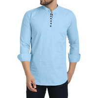 Royalscout Men's Cotton Blend Full Sleeve Short Kurta With Mandarin Collar Sky