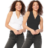 Shasmi Women's & Girls' Solid Ribbed Polo Club Collar Sleeveless Slim Fit Simplicity Tank Tops (Pack Of 2) (Top 49 White Black M)