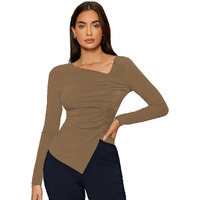 Shasmi Women's & Girl's Brown Long Sleeve Asymmetrical Neck Solid Color Ruched Front Asymmetrical Hem Tee Workwear Fancy Top, T-Shirt For Women (Top 132 Brown-L)