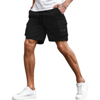 Smowkly Men's Cotton Casual Relaxed Regular Fit Camo Cargo Shorts || Drawstring & Elastic Waist Multi Pocket Summer Beach Hiking Outdoor Work Half Pant (1651_Bk_34)