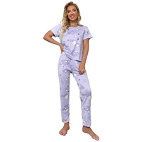 Smowkly Printed Round Neck Short Sleeve Night Suit Set For Women  Soft Pajama Set | Comfortable Cotton Blend Night Dress & Sleepwear | Pyjama Set | Cord Set For Women's | Lower T-Shirt For Women