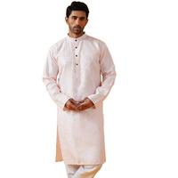 Sojanya (Since 1958 Men's Silk Bend Krochet Thread Embroidered Pink Long Kurta