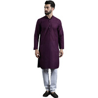 Sojanya (Since 1958 Men's Cotton Thread Embroidered Wine Kurta With White Churidaar Pyjama