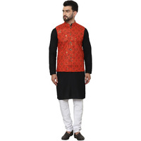 Sojanya (Since 1958 Men's Pure Cotton Black Kurta And White Pyjama With Printed Orange Nehru Jacket