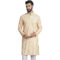 Sojanya (Since 1958 Men's Cotton Gold Sequinned Embroidered Cream & Mustard Long Kurta