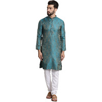 Sojanya (Since 1958 Men's Silk Blend Teal Blue Self Design Kurta And White Churidar Pyjama Set