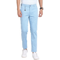 Turtle Men Cotton Stretch Light Blue Check Narrow Fit Casual Trouser