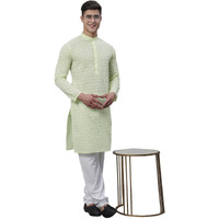 Sojanya (Since 1958 Men's Pure Cotton Green Kurta With White Embroidery And White Pyjama Set