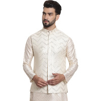 Sojanya (Since 1958 Men's Silk Blend, Gold Sequence Embroidered Cream Color Nehru Jacket