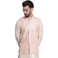 Sojanya (Since 1958 Men's Silk Blend, Gold Sequence Embroidered Peach Color Nehru Jacket