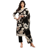 Stylum Women's Black Floral Rayon Straight Kurta Pant Dupatta Set