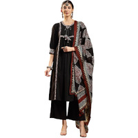 Stylum Women's Black Solid Rayon A-Line Kurta Pant Dupatta Set