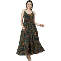 Stylum Women's Bandhej Printed Georgette Flared Long Kurta Green
