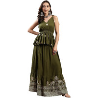 Stylum Women's Green Bandhej Printed Rayon Short Peplum Top With Skirt